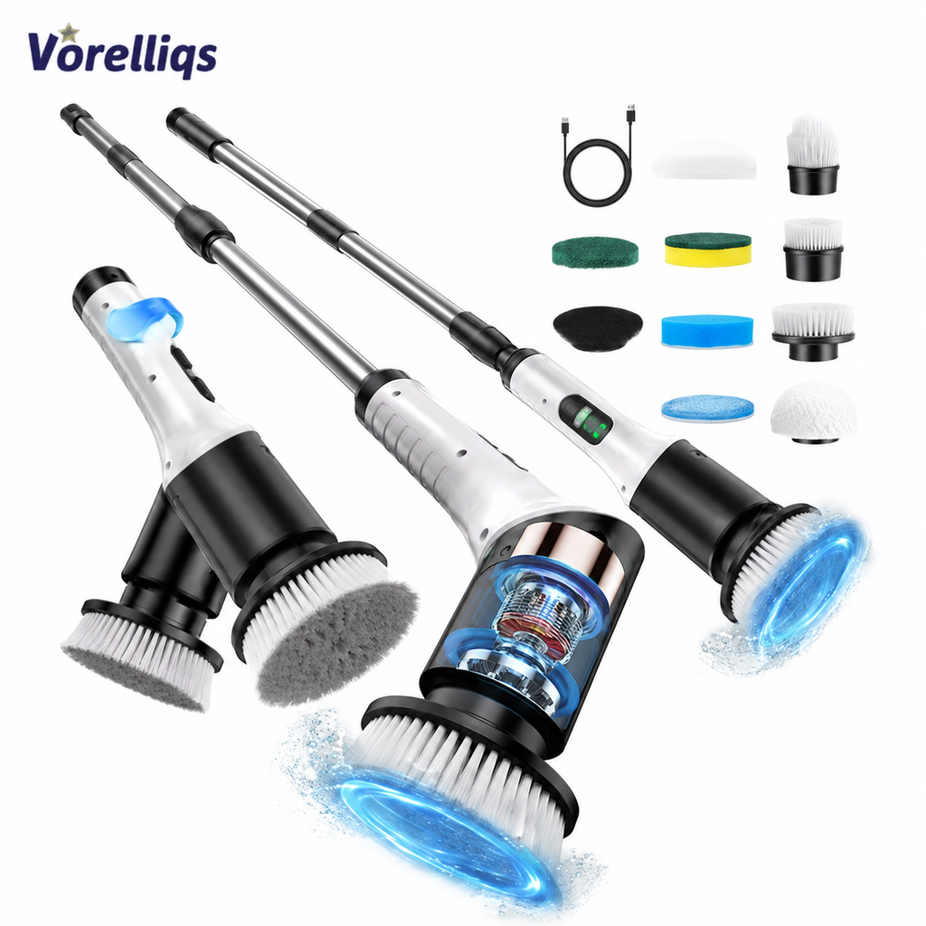 Vorelliqs 9-in-1 Cordless Electric Spin Scrubber – Extendable Cleaning Brush for Bathrooms, Kitchens & Floors