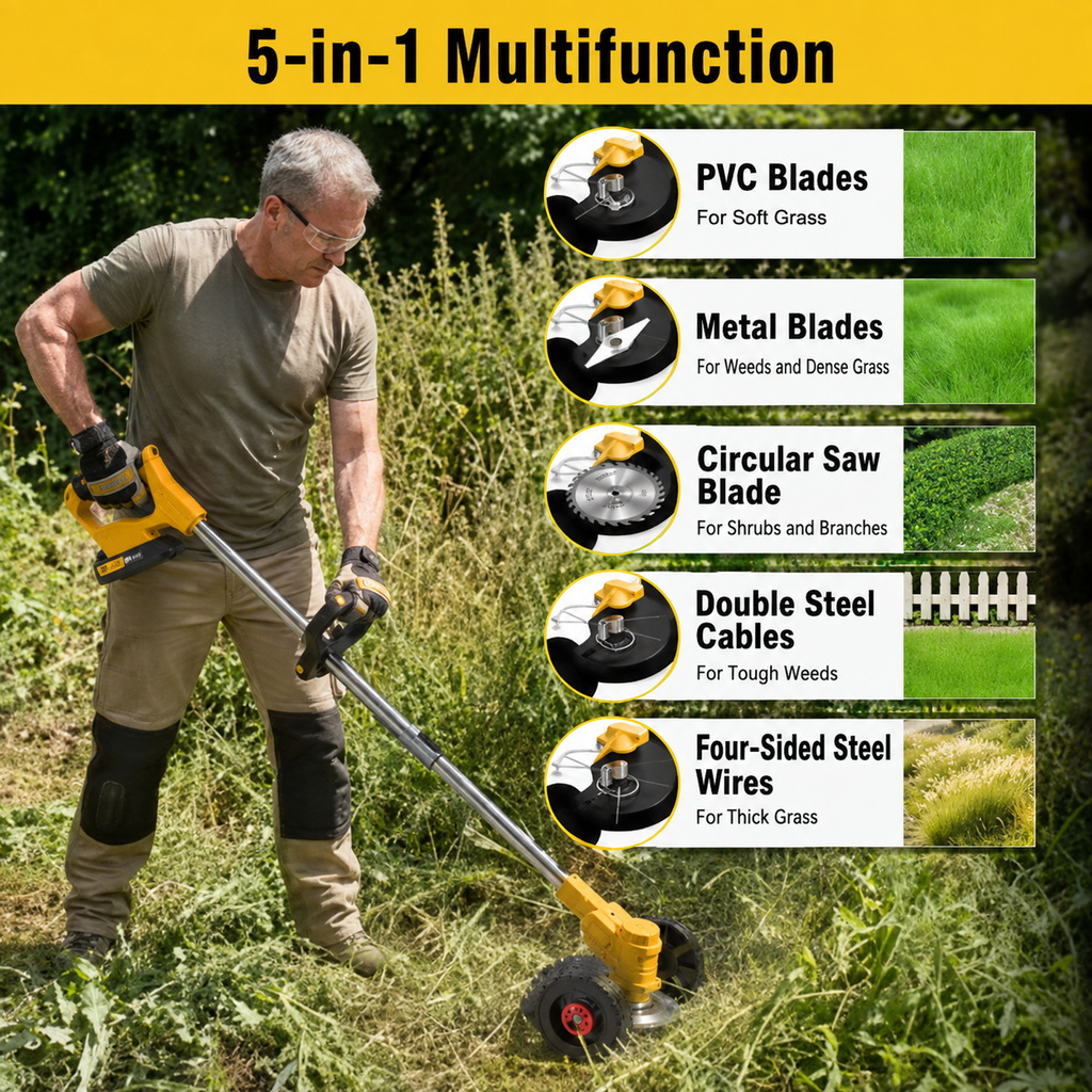 Vorelliqs 21V Cordless Lawn Mower with Wheels – Multifunctional Garden Trimmer Compatible with Makita 18V Batteries