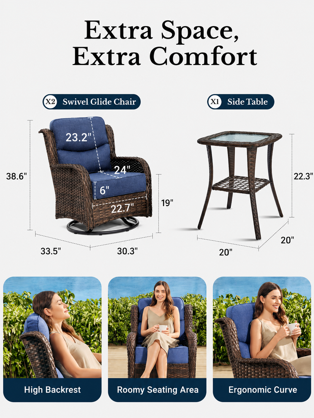 3PCS Outdoor Patio Swivel Glider Chairs – Comfortable Rocking Chair Set with Cushions for Porch & Backyard