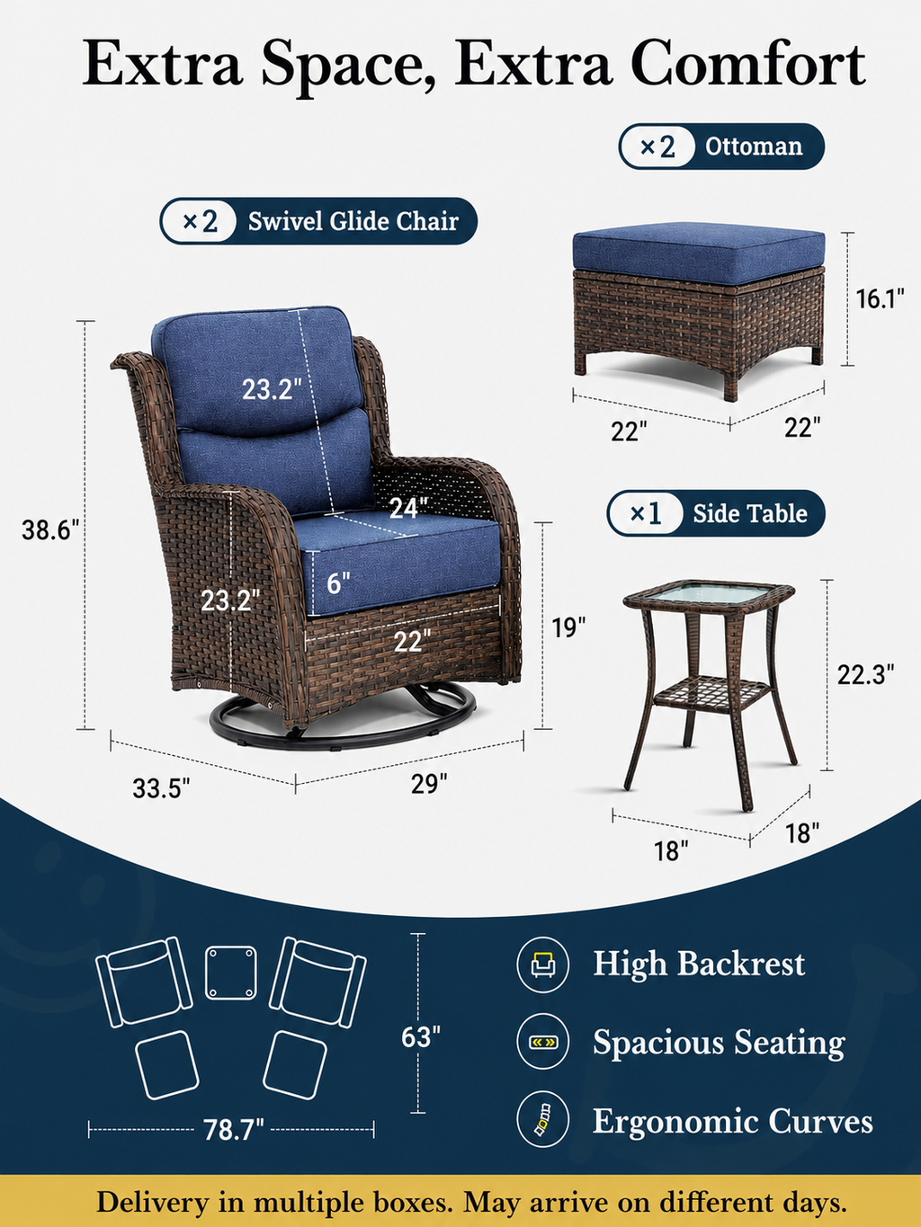 3PCS Outdoor Patio Swivel Glider Chairs – Comfortable Rocking Chair Set with Cushions for Porch & Backyard
